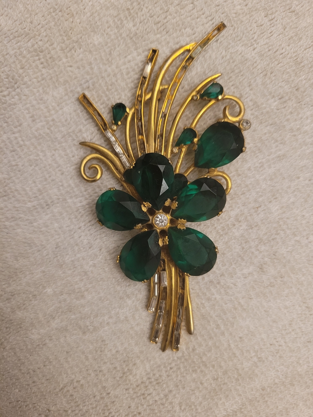 Vintage 40s EstateGold-Tone Floral Brooch with Emerald Green Teardrop Crystals -